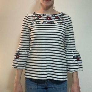 Striped J. Crew Cotton Blouse with Floral Embroidery & Bell Sleeves